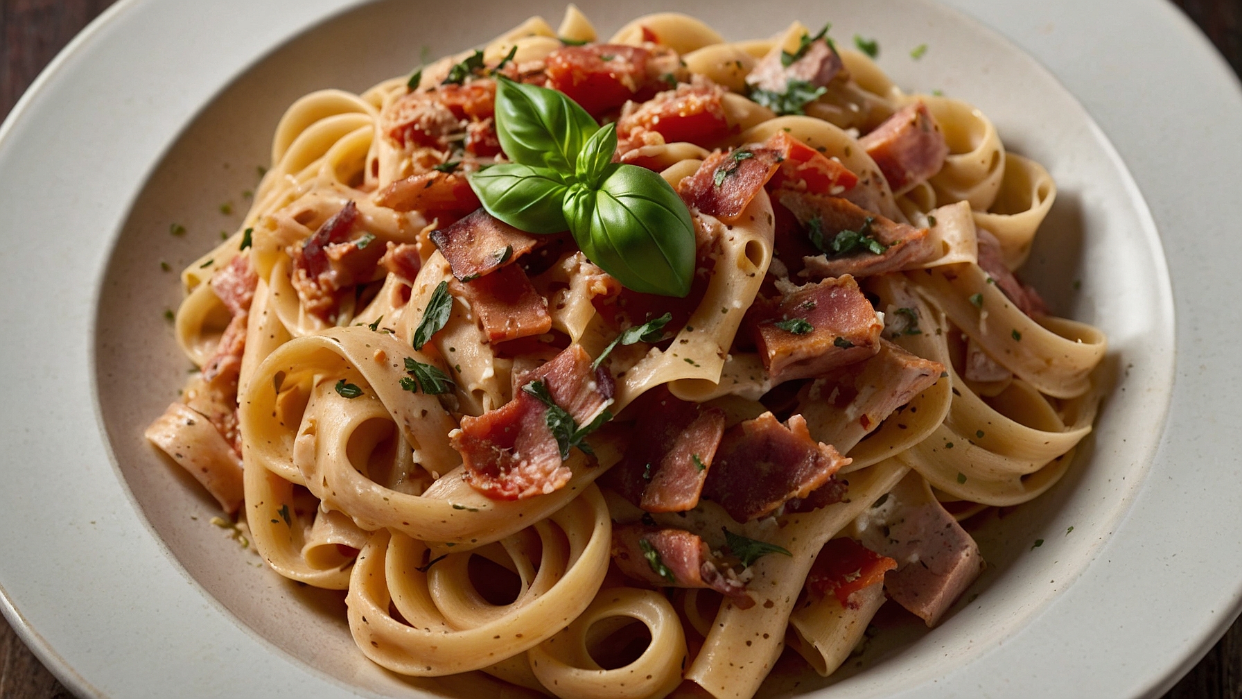 Creamy Tomato Basil Pasta With Turkey Bacon