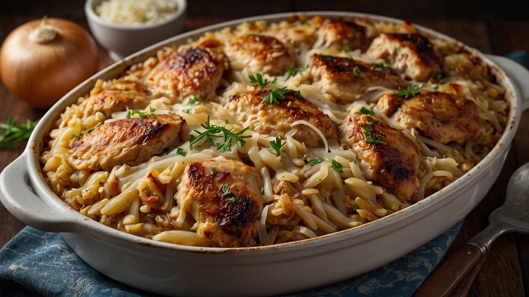 French Onion Chicken Orzo Casserole