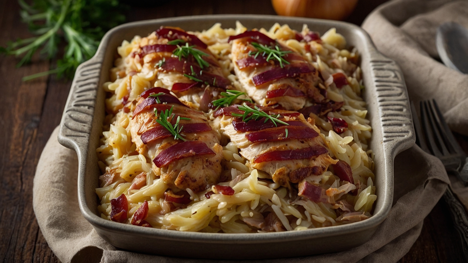 French Onion Chicken Orzo Casserole With Turkey Bacon