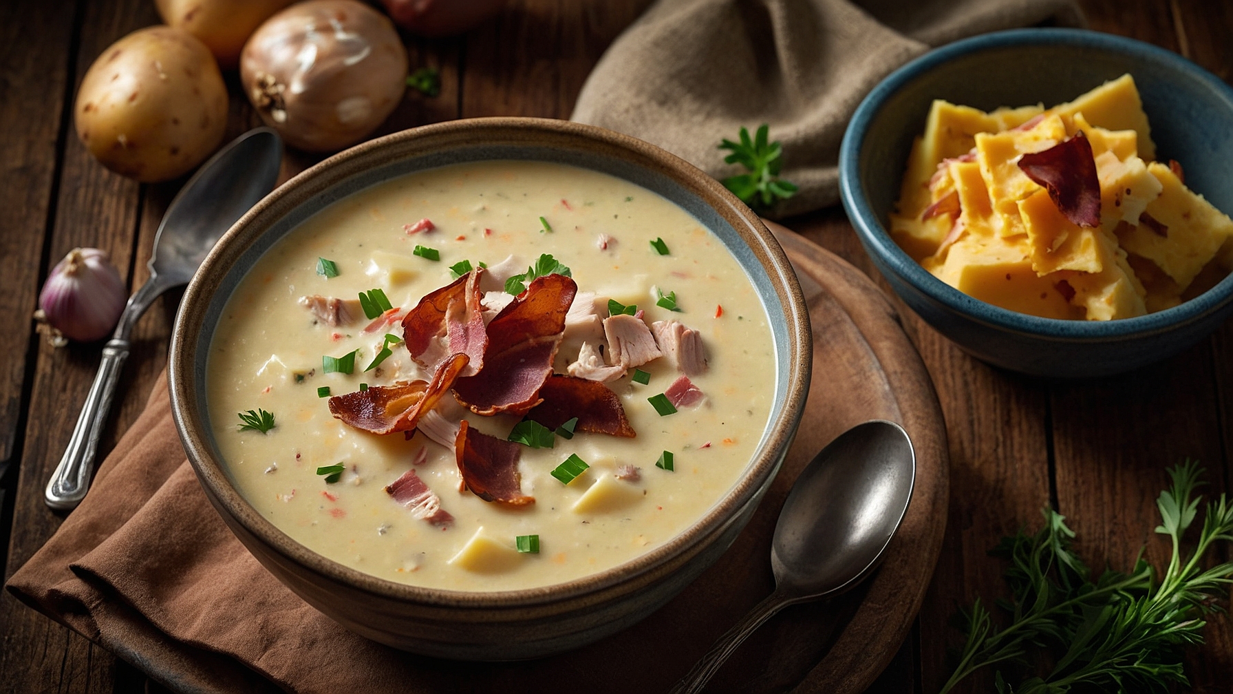 Hearty Cheddar Garlic Herb Potato Soup With Turkey Bacon