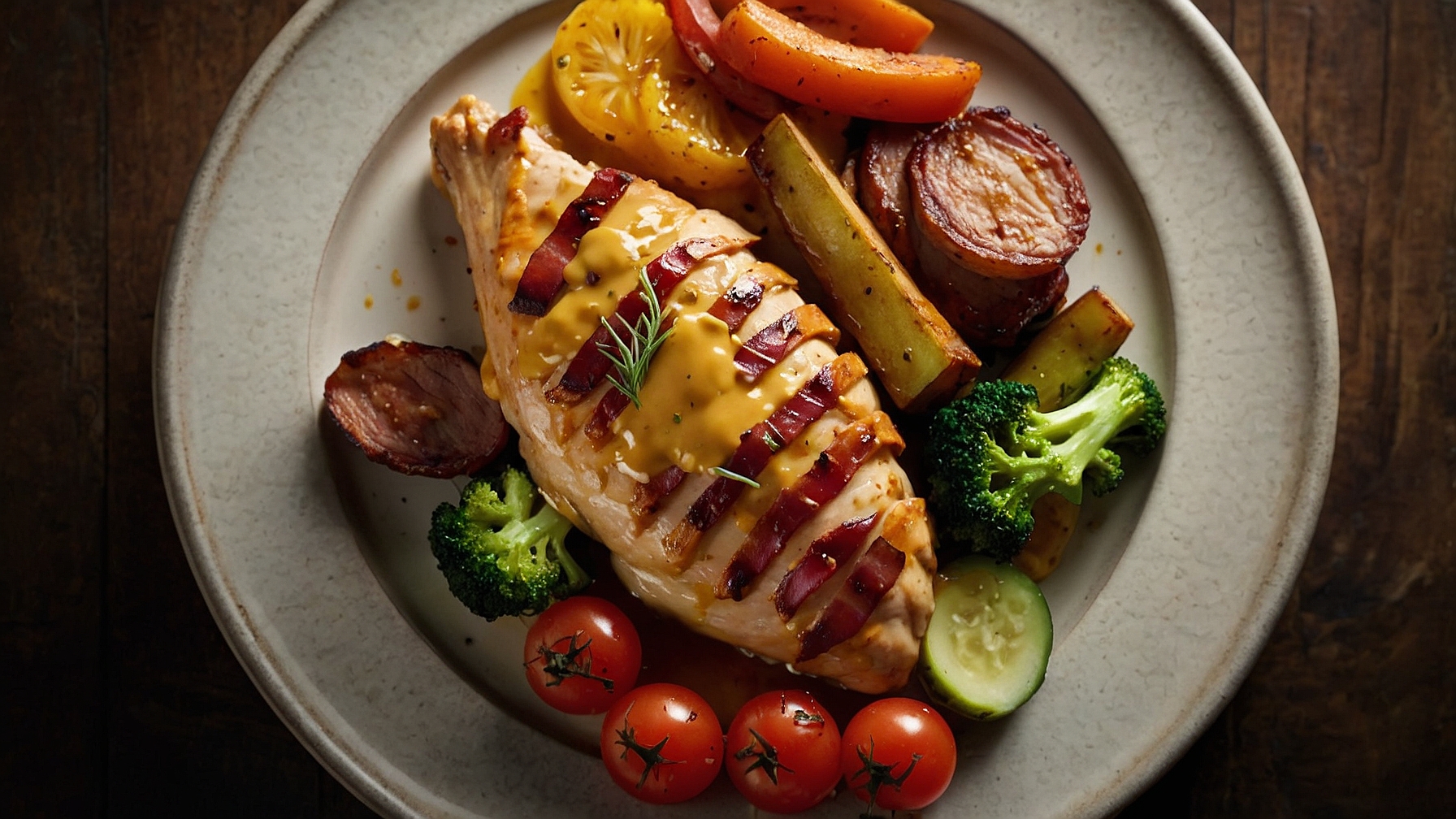 Honey Mustard Chicken With Turkey Bacon And Veggies