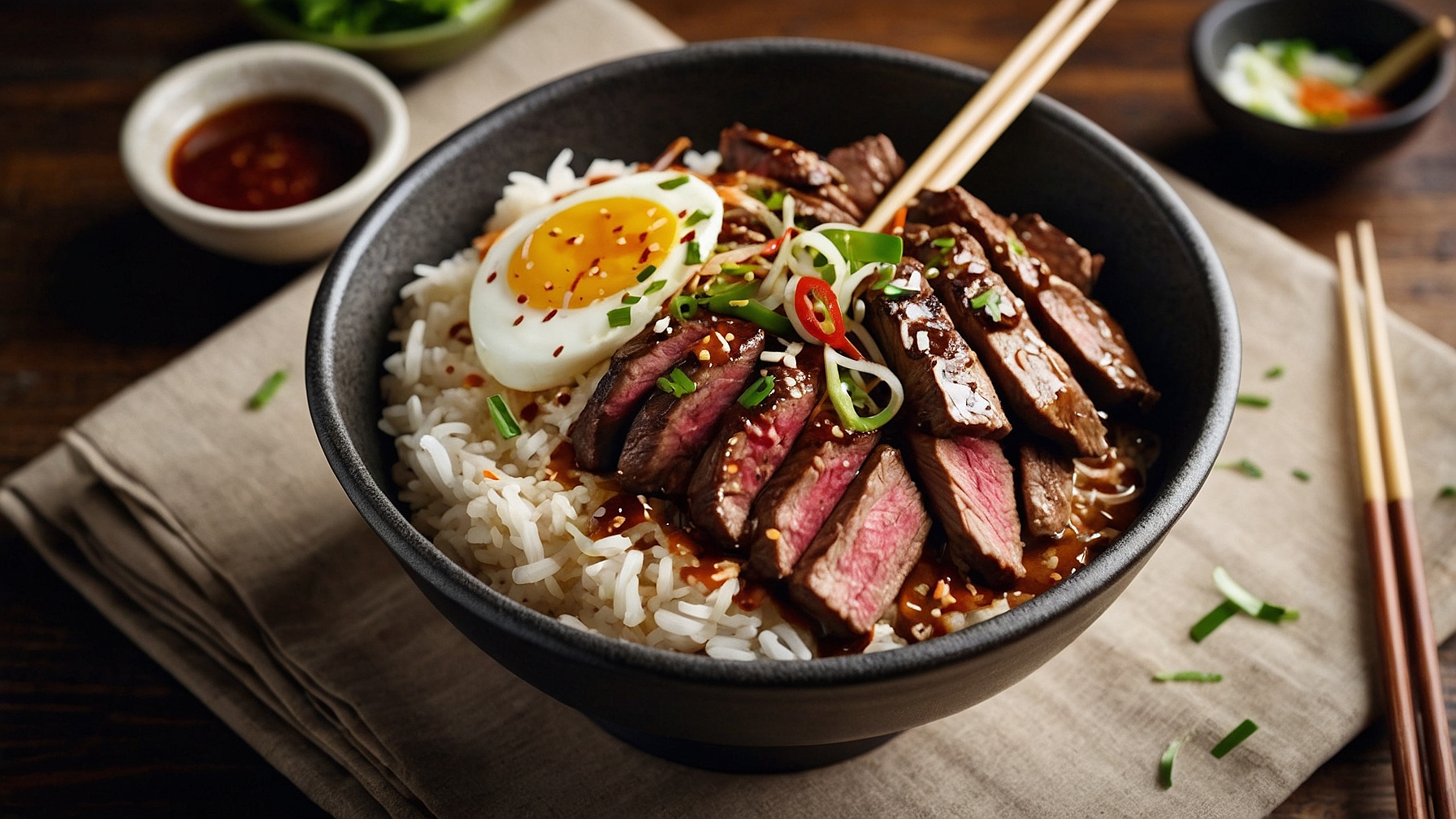 Korean BBQ Steak Rice Bowls With Spicy Cream Sauce