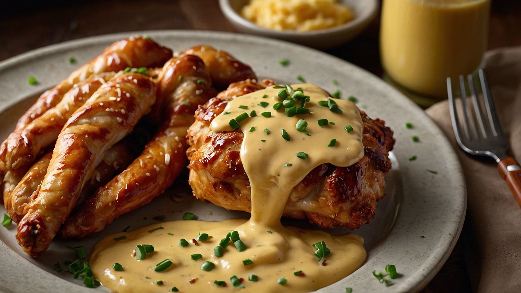 Pretzel Chicken With Mustard Cheddar Sauce