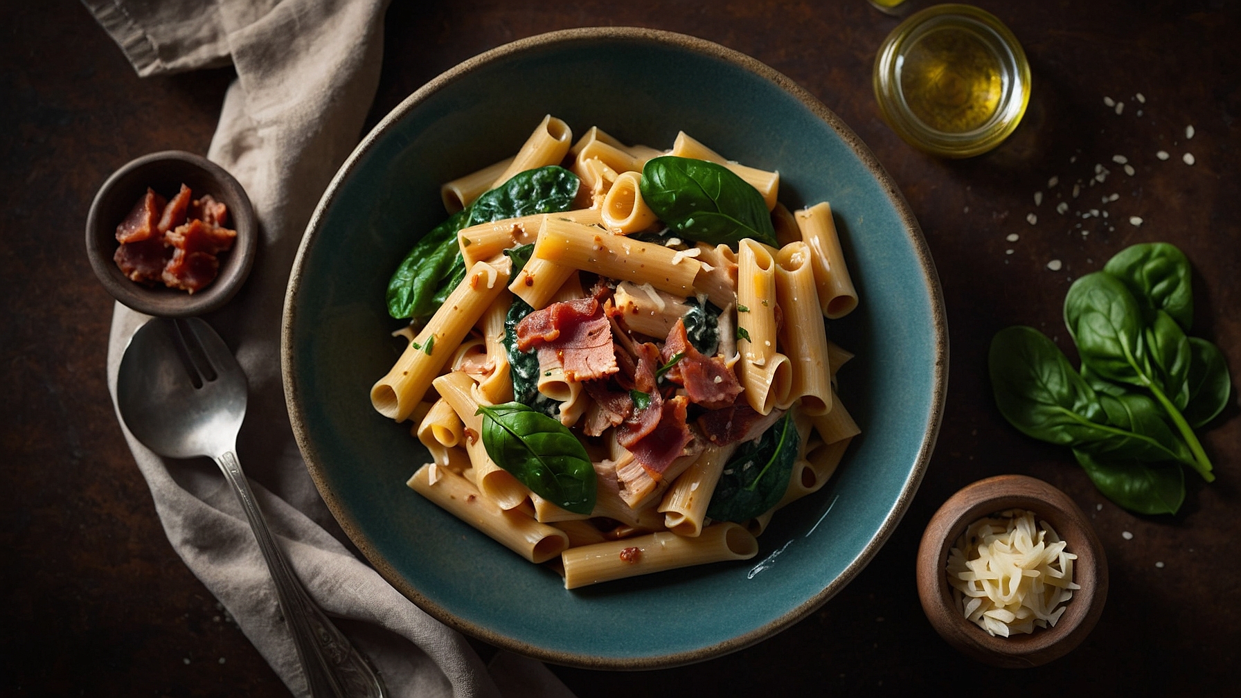 Slow Cooker Creamy Tuscan Pasta With Turkey Bacon And Spinach