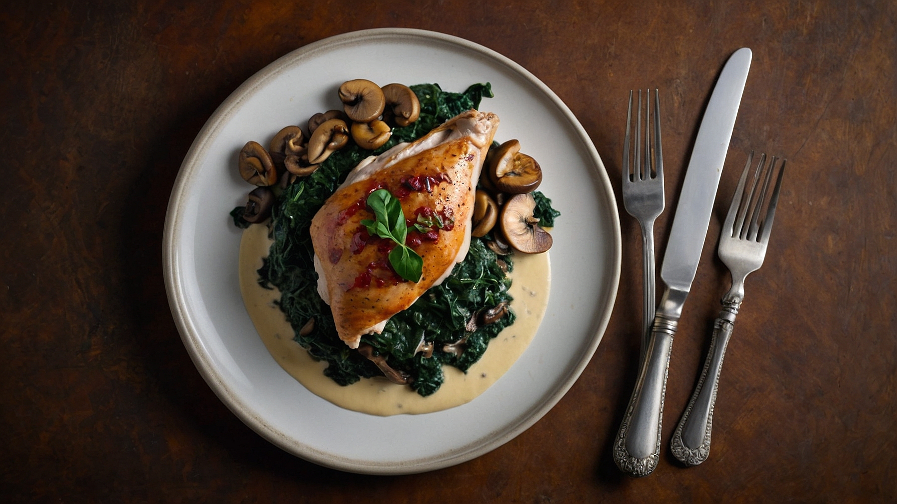 Smothered Chicken With Creamed Spinach Turkey Bacon And Mushrooms